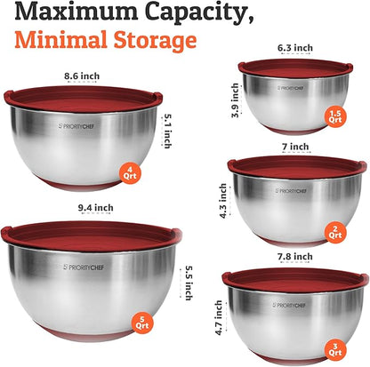 Priority Chef Premium Mixing Bowls With Airtight Lids Set, Thicker Stainless Steel Mixing Bowl Set, Large Prep Metal Bowls with Lids, Nesting Bowls for Kitchen, 1.5/2/3/4/5 Qrt, Red - Image 3