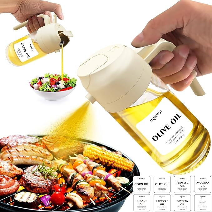 2 in 1 Glass Oil Sprayer & Dispenser,16oz/470ml Olive Cooking, Air Fryer, and Salad, for Kitchen Gadgets and Air Fryer Accessories, w/Stickers (White) - Image 9