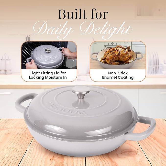 Shallow Cast Iron Casserole with Lid – Non Stick Dutch Oven Pot, Oven Safe up to 500° F – Sturdy Ovenproof Stockpot Cookware – Enamelled Cooking Pot – Grey, 3.7-Quart, 30cm – by Nuovva