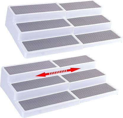 Oizeir Plastic 3-Tier Expandable Spice Rack, Adjustable Length, Stability with Non-Skid Shelf, For Easy Visibility, Organizer for Kitchen Cabinet, Pantry or Countertop, (2-Pack), White/Grey - Image 2