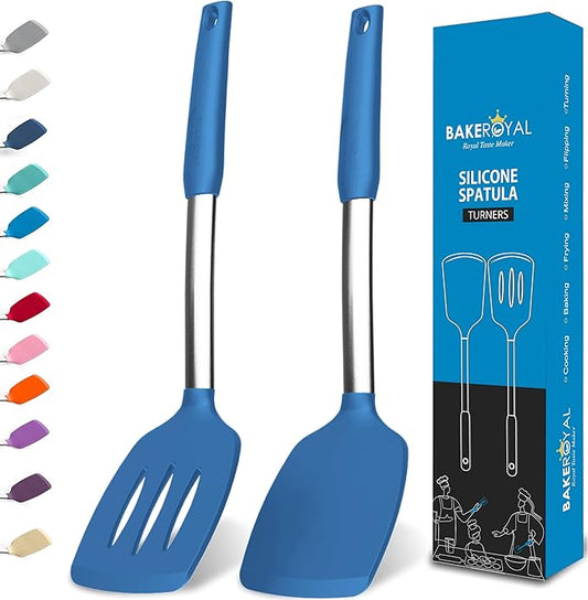 BakeRoyal Silicone Spatula Set - Turner Spatulas Silicone Heat Resistant 600°F - Slotted & Solid Spatula for Cooking Fish, Eggs, Pancakes Flipper – Spatulas for kitchen use – Blue by BAKEROYAL