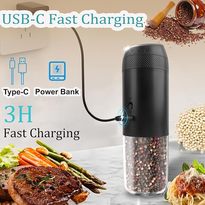 Gravity Electric Salt and Pepper Grinder Set, Automatic Salt Pepper Mill Grinder with Adjustable Coarseness, Large Capacity, LED Light & Easy Refill, USB Rechargeable Spice Grinders for Kitchen
