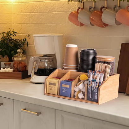 Bamboo Coffee Station Organizer for Countertop, Coffee Bar Accessories Organizer with 6 Compartments for Tea Bags Condiment, Pods, Creamer, Stirrer, Syrup, Cups - Image 7