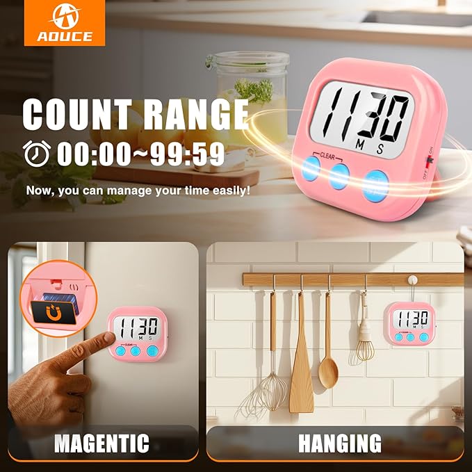 2 Pack Kitchen Timers Loud Ring Digital Timers for Cooking Magnetic Pink - Image 4