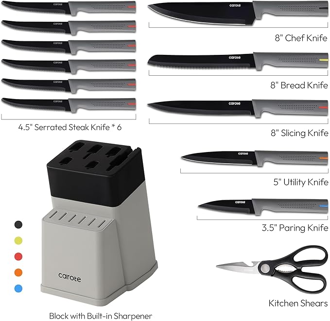 CAROTE 14Pcs Kitchen Knife Set, Stainless Steel knife set with ABS Block, Rustproof Cutlery with Ceramic Surface, 6 Steak Knives