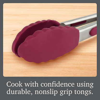 Tovolo Stainless Steel Tongs with Silicone Tip Set 9" 12" with Easy Lock Mechanism for Grilling Air Fryer Cooking Serving Salad, Heat Resistant Silicone Tipped Kitchen Tongs Sangria Red Black