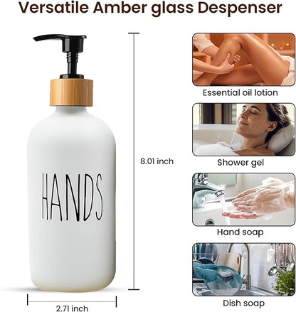 Sunrise Premium 16 OZ Thick White & Black Glass Soap Dispenser, Bamboo Pump with Tray 2 Pack, Hand and Dish Soap Dispenser Set for Bathroom with 6 Waterproof Labels - Image 3