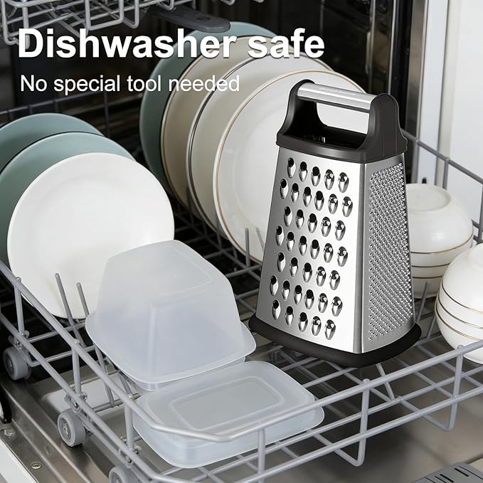 Ourokhome Cheese Grater, Handheld Box Grater with Container & Lid, 4-Sided Stainless Steel for Kitchen, Wavy Julienne, Slicer, Coarse Shred & Fine Zester, Non-Slip Base, Dishwasher Safe, 8 Inch - Image 4