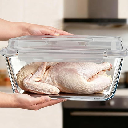 Extra Large Glass Storage Containers with Lids 220oz/6500ml - Airtight Borosilicate Large Glass Food Storage container for Rotisserie Chicken, Turkey - XL Big Glass Bowl Freezer to Oven Safe