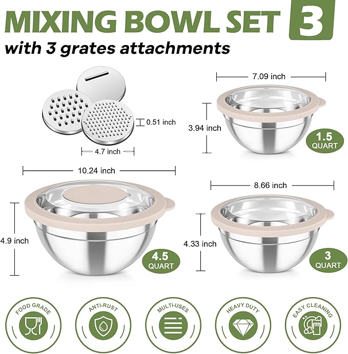 TeamFar Mixing Bowls, 3PCS Stainless Steel Serving Salad Bowls with Lids & 3 Graters, For Kitchen Mixing/Baking/Storing/Prepping, Visible & Airtight, Easy Clean - 4.5/3 / 1.5 QT, Khaki - Image 2