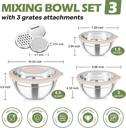 TeamFar Mixing Bowls, 3PCS Stainless Steel Serving Salad Bowls with Lids & 3 Graters, For Kitchen Mixing/Baking/Storing/Prepping, Visible & Airtight, Easy Clean - 4.5/3 / 1.5 QT, Khaki - Image 2
