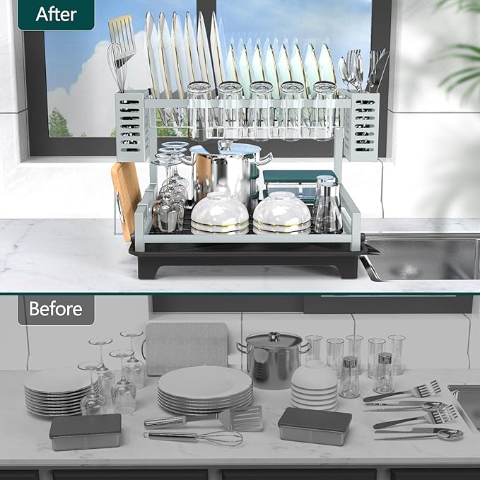 B-Land Dish Drying Rack, 2 Tier Dish Racks for Kitchen Counter, Large Dish Drying Rack with Drainboard & Utensil Holders, Rust-Proof Dish Drainers,Kitchen Organization - Image 5