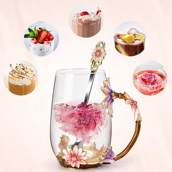 OEAGO Purple Gifts for Women Mom Mothers Day Glass Coffee Enamels Mug Best Birthday Flower Gifts for Her from Daughter Son Lead-Free Christmas Tea Cup with Spoon Set - Image 6