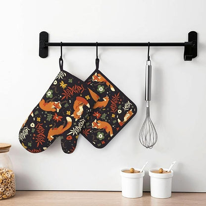 Fox Silicone Oven Mitts Pan Mats Set of 2, Heat Resistant Gloves Potholder with Non-Slip Grips Hanging Loops Pot Holder, Spring Summer for Chef Cooking, Baking, Grilling, BBQ