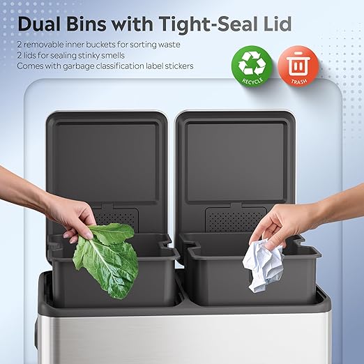 WLIVE 2 x 8 Gallon Dual Compartment Trash Can Stainless Steel, Pet-Proof Double Garbage Can Kitchen with Lid, Inner Buckets and Deodorizing Filter Box, Trash and Recycle Bin Combo, Silver