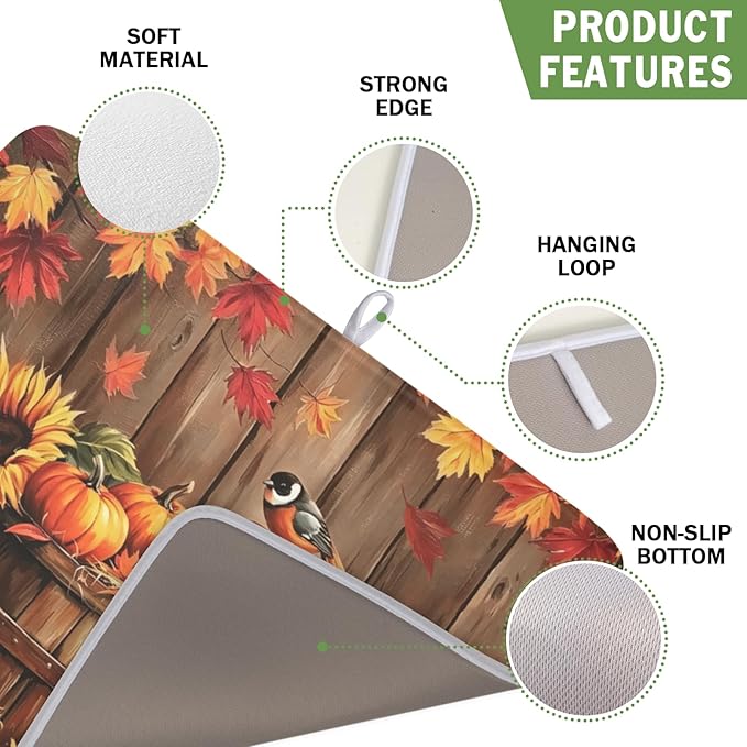 Fall Pumpkin Dish Drying Mat for Kitchen Counter Thanksgiving Autumn Harvest Pumpkin Microfiber Dish Drainer Mat Rustic Farmhouse Absorbent Washable Drying Pad 16"x18"
