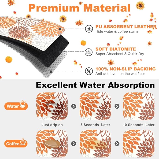 Findosom 2PCS 12" x 20" Fall Dish Drying Mat & 24" x 5.5" Sink Splash Guard, Super Absorbent & Cuttable Dish Mat Drying Kitchen Mat with Orange Floral, Hide Stain Drying Mat for Kitchen Counter - Image 3