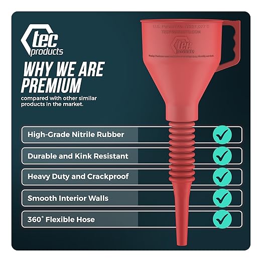 TEC Products FlexAll Long Flexible Funnels - Automotive Oil Funnel with Hose, Durable Nitrile Rubber for Oil Change, Transmission Funnel Fluid, Diesel, Fuel, Gas - Made in USA - Red (16 x 5 Inches) - Image 3