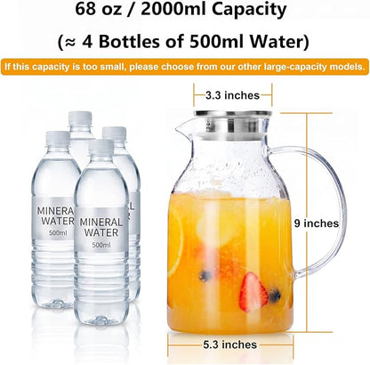 Glass Water Pitcher with Lid and Spout, 68 Ounces Heat Resistant Borosilicate Glass Carafe, Temperature Safe