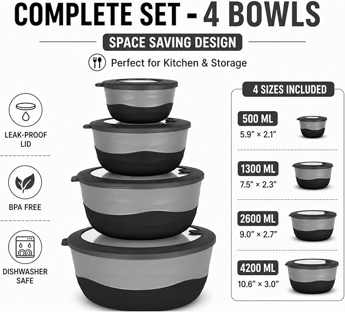 Pera Mixing Bowls with Lids Set, 8 Piece (4 Bowls + 4 Airtight Lids), BPA Free Nesting Kitchen Bowl Set for Mixing & Food Storage, Microwave & Dishwasher Safe (Black)