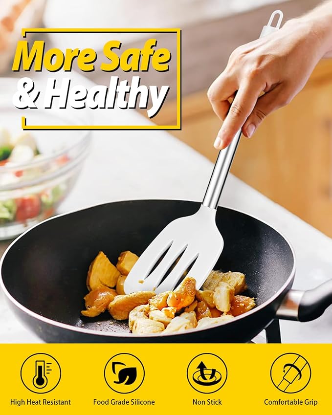 Pack of 4 Silicone Cooking Utensils Set, Non Stick Large Solid Spatulas, Heat Resistant Slotted Spoons, Ideal BPA Free Kitchen Turners for Frying, Mixing,Serving,Draining,Turning,Stirring (WHITE) - Image 4