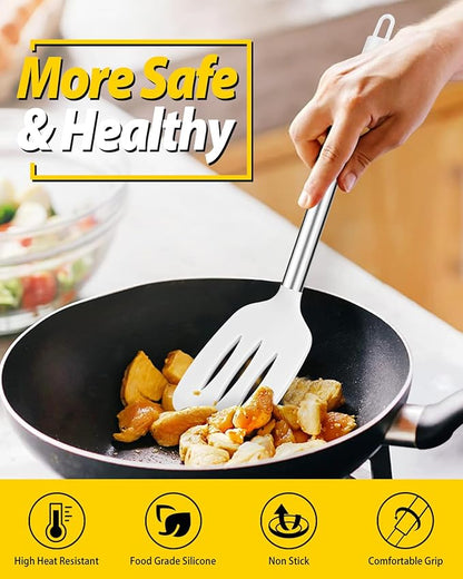 Pack of 4 Silicone Cooking Utensils Set, Non Stick Large Solid Spatulas, Heat Resistant Slotted Spoons, Ideal BPA Free Kitchen Turners for Frying, Mixing,Serving,Draining,Turning,Stirring (WHITE) - Image 4