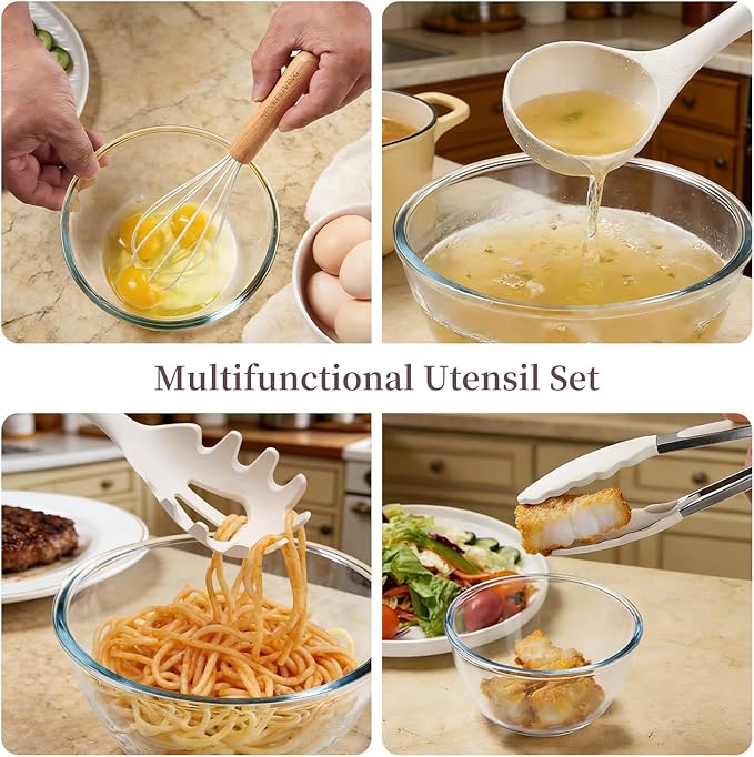 Silicone 10 Pcs Kitchen Cooking Utensils Set, Recycled Materials Certification, BPA Free Spatula Set with Heat Resistant Wood Handles for Nonstick Cookware, Cream White - Image 4