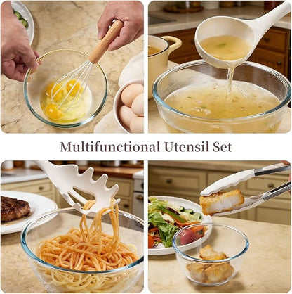 Silicone 10 Pcs Kitchen Cooking Utensils Set, Recycled Materials Certification, BPA Free Spatula Set with Heat Resistant Wood Handles for Nonstick Cookware, Cream White - Image 4