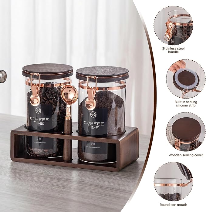 Glass Coffee & Sugar Canister Set, 2×45OZ Airtight Glass Storage Jars with Wooden Shelf and Scoop, Airtight Food Containers for Coffee Beans, Ground Coffee, Sugar and Tea（Rose Gold） - Image 3