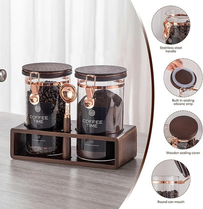 Glass Coffee & Sugar Canister Set, 2×45OZ Airtight Glass Storage Jars with Wooden Shelf and Scoop, Airtight Food Containers for Coffee Beans, Ground Coffee, Sugar and Tea（Rose Gold） - Image 3