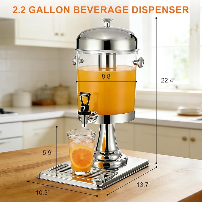 2.2 Gallon Iced Beverage Drink Dispenser, Stainless Steel Water Jar with Stand, Iced Beverage Drink Dispenser for Parties, Commercial Hot Cold Juice, Hot & Cold Drinks - Image 2