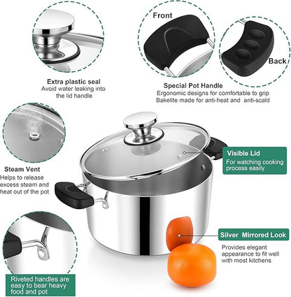 6 Quart 3-Ply Cooking Stock Pot with Lid, P&P CHEF Stainless Steel Large Pot for Pasta Soup, Work on Multi Stove, Heavy Duty & Dishwasher Safe, Dual Heat-resistant Handles & Transparent Glass Lid - Image 3