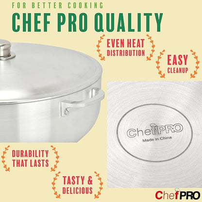 ALUMINUM CALDERO STOCK POT by Chef Pro, Aluminum, Superior Cooking Performance for Even Heat Distribution, Perfect For Serving Large/Small Groups, Riveted Handles, Commercial Grade, 18.3 Quart