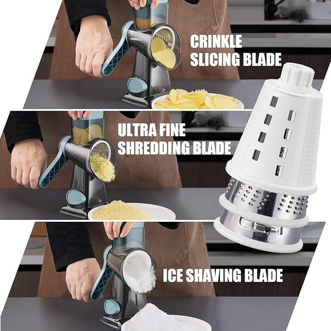 KEOUKE Rotary Cheese Grater Pro 6 in 1 - Shredder Crinkle Slicer Grinder Ice Shaver, Stable Suction, Time-saving Easy Use & Clean, Safe Morden Kitchen Tool for Cheese, Vegetable, Nuts, Chocolate - Image 2