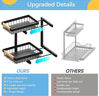 ADBIU Under Sink Organizer XL Size, 2 Packs 2 Tier Expandable Height (13.5" - 17.5") Under-Sink Organizers Slide out Pull out Bathroom Kitchen Organizers And Storage