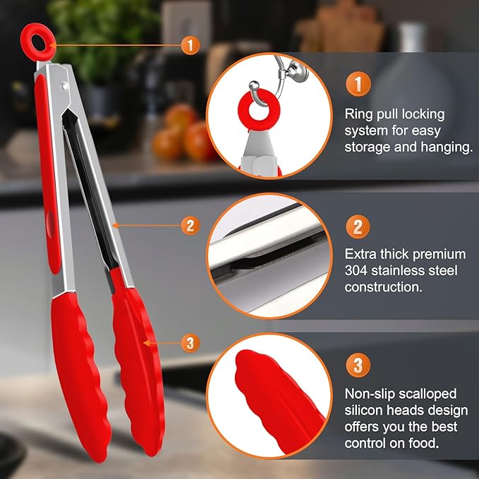 Premium Stainless Steel Heat Resistant Kitchen Tongs for cooking,set of 9" and 12" (Red),Non Scratch Silicone cooking Tong Tip for Cooking Pans,Strong Grip BBQ tongs for Grabbing Hot Food - Image 5