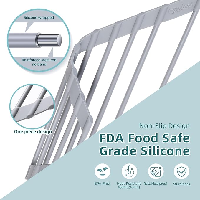 Ohuhu Triangle Roll Up Dish Drying Rack, Anti-Slip Organizer for Kitchen Sink Drying Rack with Full Silicone Wrapped for Top of Sink Coner Grey - Image 4