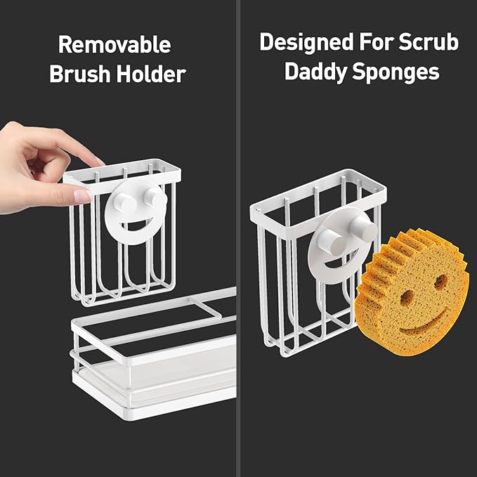 Moforoco Kitchen Dish Soap Dispenser Set, 16OZ Glass Bottle, Hand and Dish Soap Dispenser Set, Instant Dry Tray, Brush Holder with Smiley Face Sponge Holder (White Tray+Black&White Bottle) - Image 6