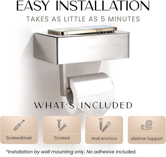 Day Moon™ - Toilet Paper Holder with Shelf - Modern Roll Holder for Bathroom - 1 Pack - Wall Mount - with Storage, Polished Chrome - Image 5