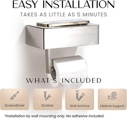 Day Moon™ - Toilet Paper Holder with Shelf - Modern Roll Holder for Bathroom - 1 Pack - Wall Mount - with Storage, Polished Chrome - Image 5