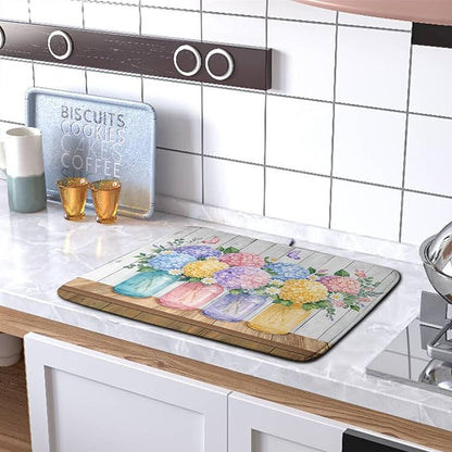 Hydrangea Dish Drying Mat for Kitchen Counter Spring Summer Floral Vases dish mat Microfiber Absorbent Dish Drainer Pad Rustic Farmhouse Floral Wooden Board Dish Draining Mats 18x24 Inch - Image 5