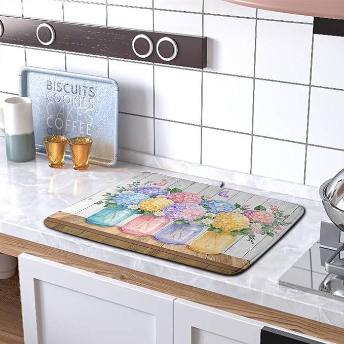 Hydrangea Dish Drying Mat for Kitchen Counter Spring Summer Floral Vases dish mat Microfiber Absorbent Dish Drainer Pad Rustic Farmhouse Floral Wooden Board Dish Draining Mats 16x18 Inch - Image 5