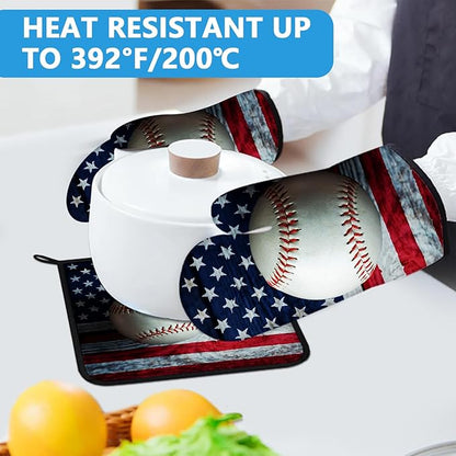 American Flag Baseball Oven Mitts and Pot Holders Sets Heat Resistant 4Pcs Potholders Oven Gloves Hot Pads for Kitchen Baking Cooking Grilling BBQ