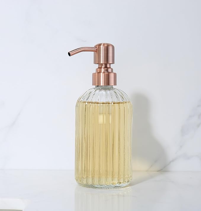 Copper Glass Bathroom Soap Dispenser with Metal Pump,Vintage Dish Soap Dispenser for Kitchen, Used for Lotionor Home,Bathroom,Countertop, Hotel
