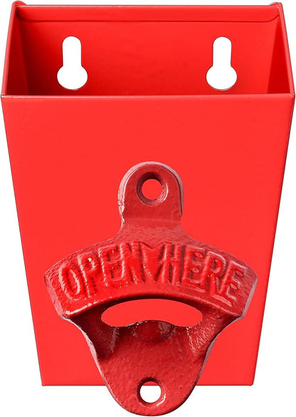 Red Cast Iron Beer Bottle Cap Opener Wall Mounted Soda Opener with Cap Catcher Bucket Narrow Bundle by Wallmountedbottleopener