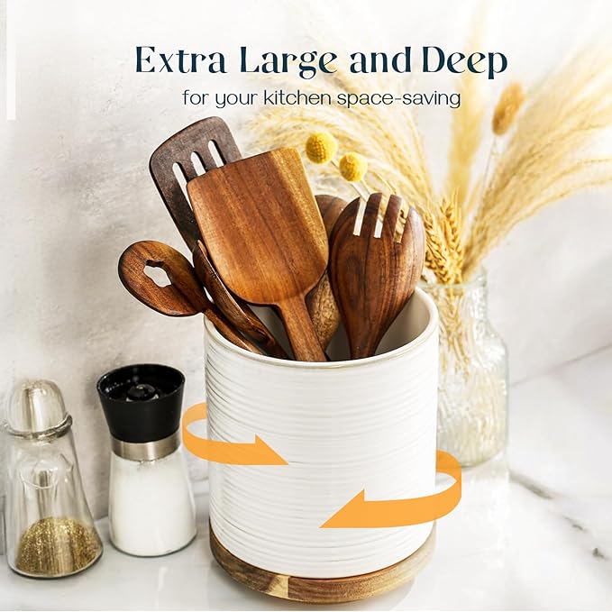 DOWAN 360° Rotating Extra Large Cooking Utensil Holder, 7.6" Kitchen Utensil Holder for Countertop, Utensil Crock for Farmhouse Kitchen Decor, Ceramic Stable Utensil Caddy, Soft White - Image 4