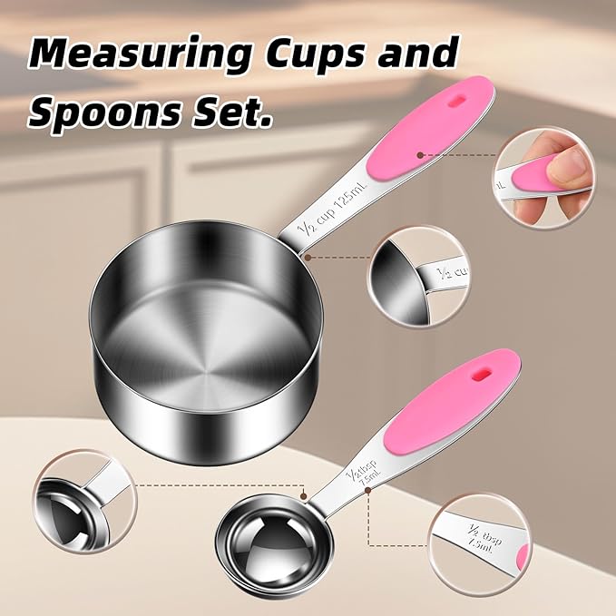 10-Piece Measuring Cups and Spoons Set, 304 Stainless Steel with Color-Coded Silicone Handles, Engraved Metric/US Measurements, Stackable & Detachable, Dishwasher Safe