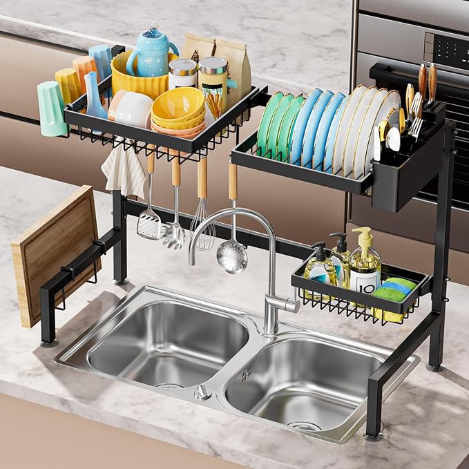 YKLSLH Over The Sink Dish Drying Rack 2 Tiers, for All Sinks (26.57"-35"),Expandable Large Capacity Sink Rack, Metal Drying Rack for Kitchen and Family Use - Image 5