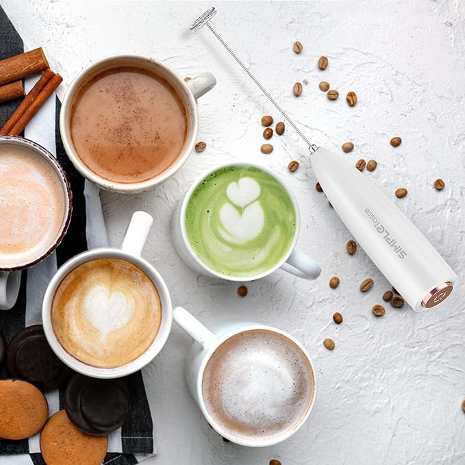 SIMPLETASTE Milk Frother Handheld Electric Foam Maker, Drink Mixer with Stainless Steel Whisk for Cappuccino, Bulletproof Coffee, Latte, White, with Stand, Battery Operated - Image 4