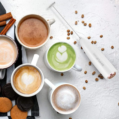 SIMPLETASTE Milk Frother Handheld Electric Foam Maker, Drink Mixer with Stainless Steel Whisk for Cappuccino, Bulletproof Coffee, Latte, White, with Stand, Battery Operated - Image 4